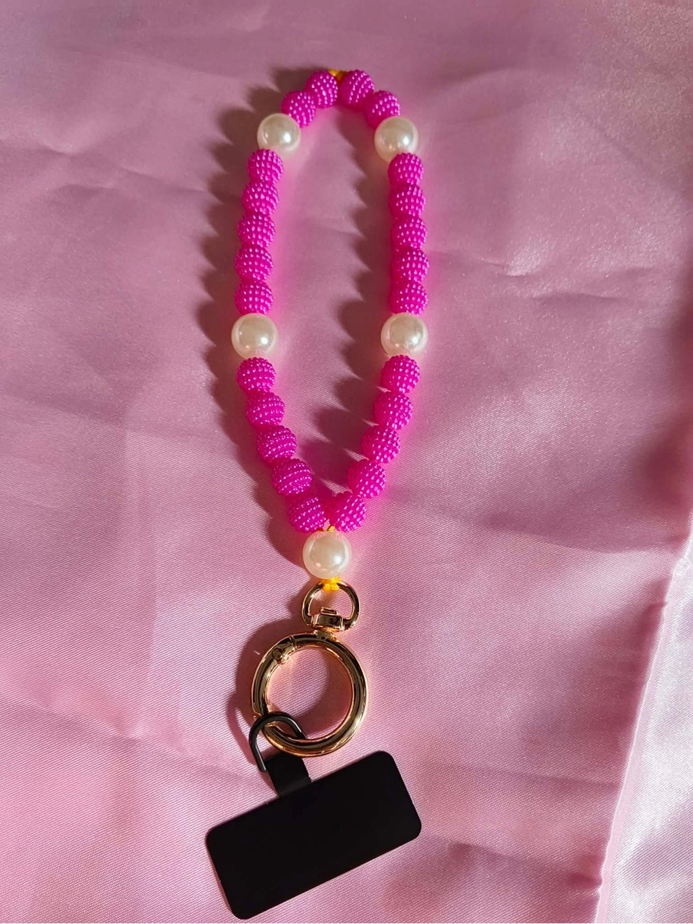 Handmade Hot Pink Beaded Bracelet Wristlet with Faux Pearls and Gold Hardware